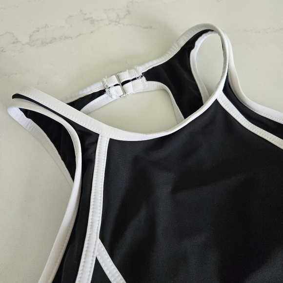MIRACLESUIT Line Up One-Piece Swimsuit Sculpting High-Neck Black White Piping - Picture 11 of 11